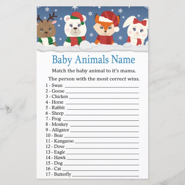 Animais de inverno Nome Animais de Bebê chá de fra (Frente)