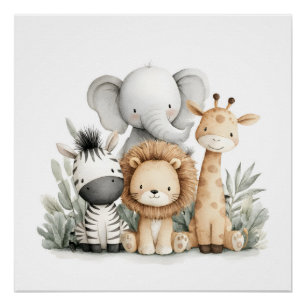 Animais de Safari Bebê em Aquarela Impressão de Gr