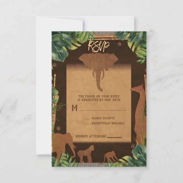 Animais do Safari da Selva Marrom Casamento RSVP (Frente)