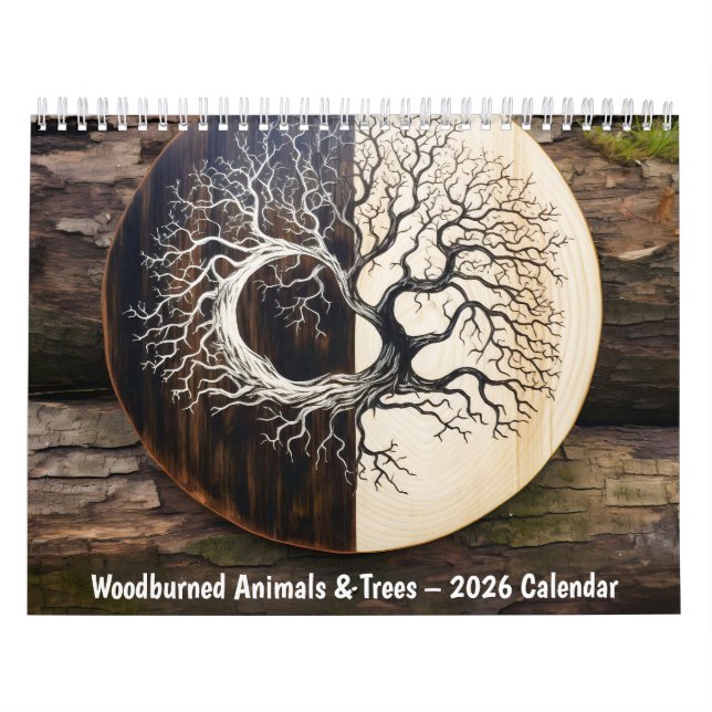 Animais e Árvores Pyrogravados – Calendário 2026 (Capa)