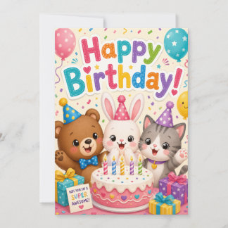 animais fofos de cartão de aniversário feliz