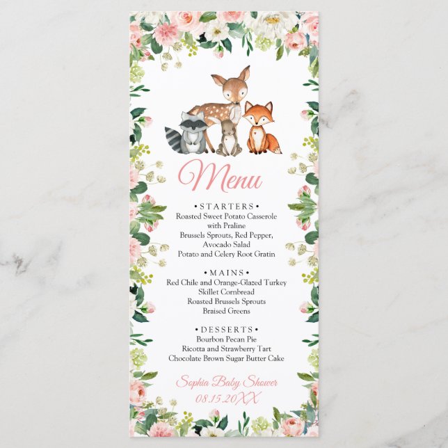 Animais & Rosa Choque Floral Chão Menu de Baby Sho (Frente)