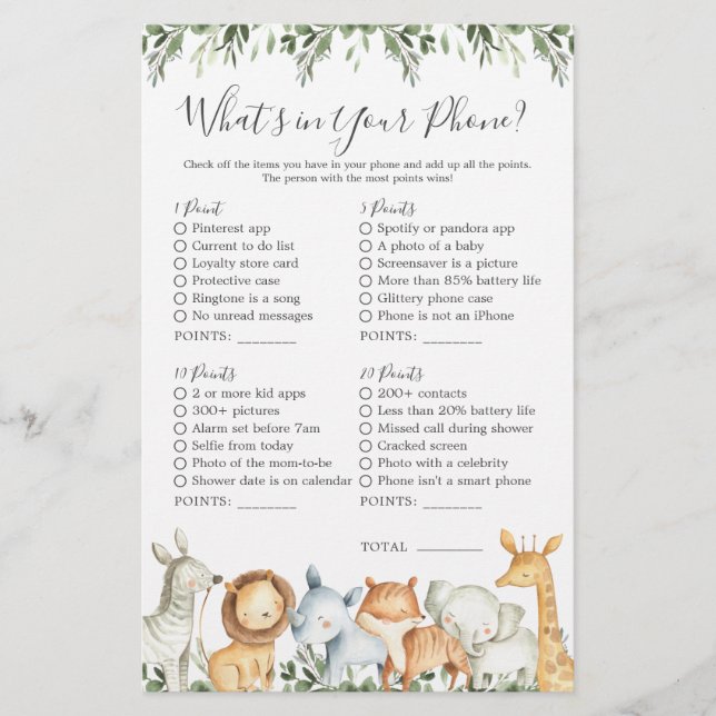 Animais Safari Chá de fraldas O que há no seu tele (Frente)