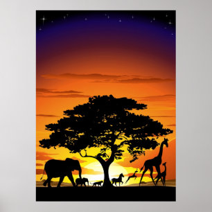 Animais Selvagens em Savannah Sunset Poster