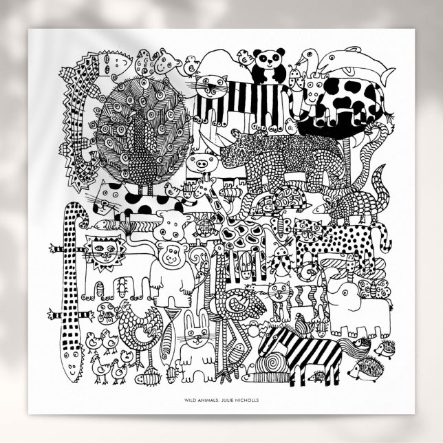 Animais Selvagens Impressão de Arte de Desenho Neg (Wild Animals Black and White Drawing Art Print)