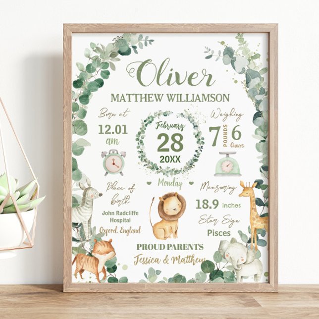 Animais Selvagens - Impressão de Nascimento do Beb (jungle-animals-soft-greenery-wreath-whimsical-gender-neutral-birth-stats-print-sign-nursery-wall-art)
