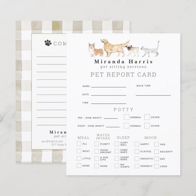 Animals Pet Sitter Dog Walker Pet Report Card (Frente/Verso)