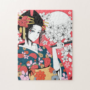 Anime Floral Geisha Cor-de-rosa Quebra-cabeça