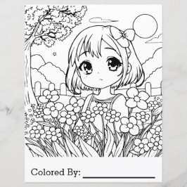 Anime Girl com flores | Página de Coloração