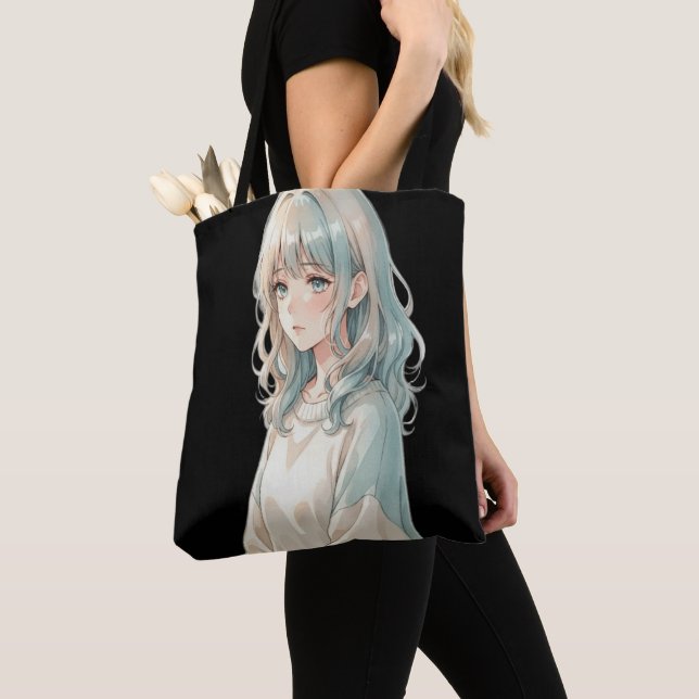 Anime Girl Tote Bag – Blue Hair Style (Close Up)