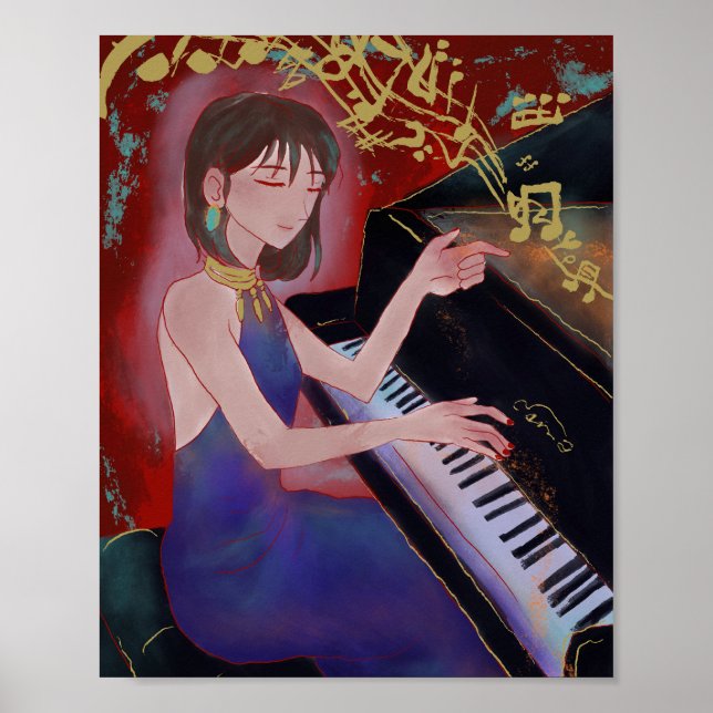 Anime-style Girl Playing Piano Poster  (Frente)