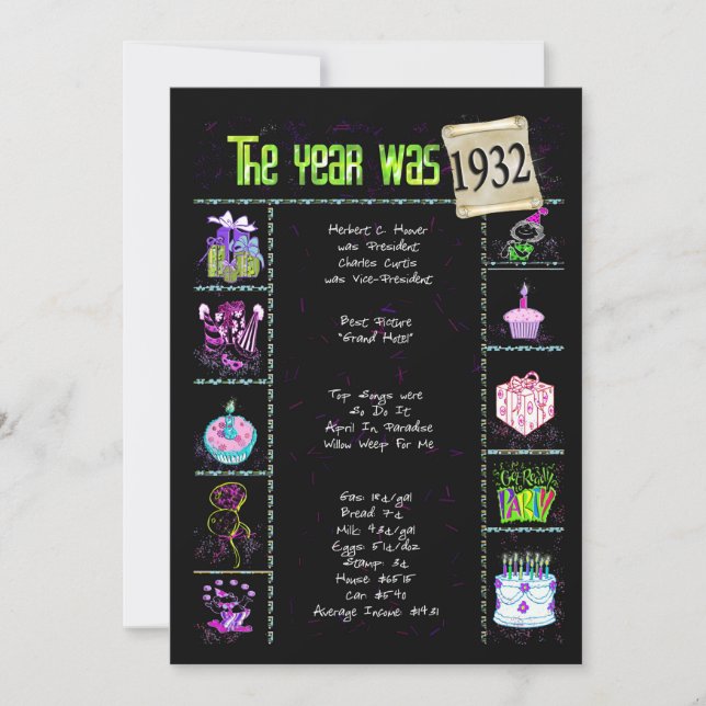 Aniversário Ano 1932 Convite (Frente)
