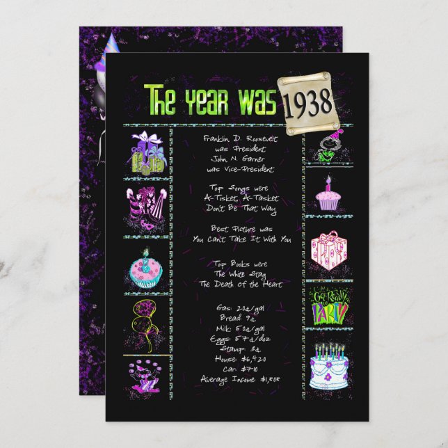 Aniversário Ano 1938 Convite (Frente/Verso)