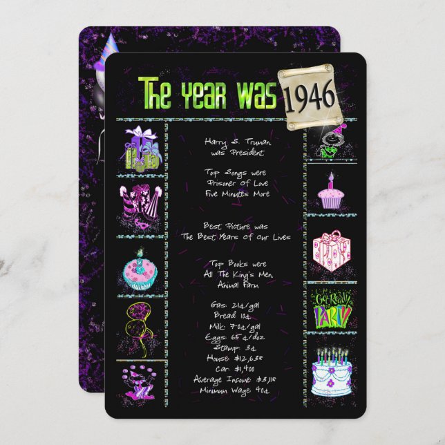 Aniversário Ano 1946 Convite (Frente/Verso)