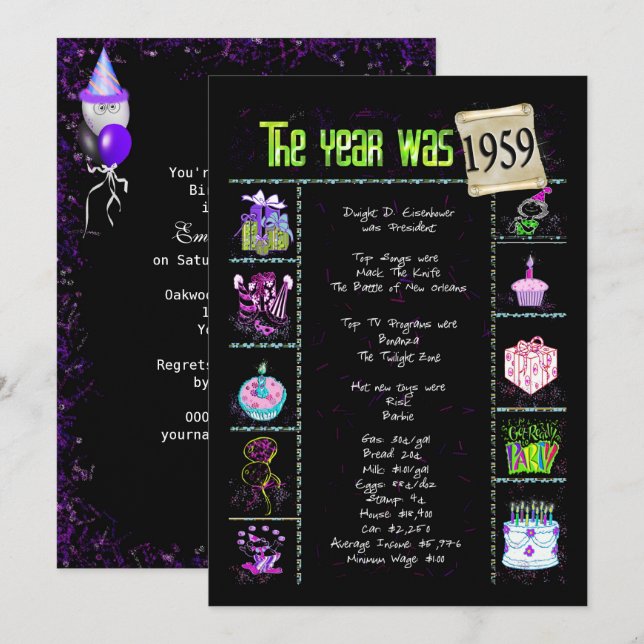 Aniversário Ano 1959 Convite (Frente/Verso)