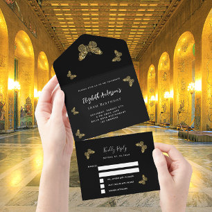 Aniversário, borboletas de ouro preto RSVP