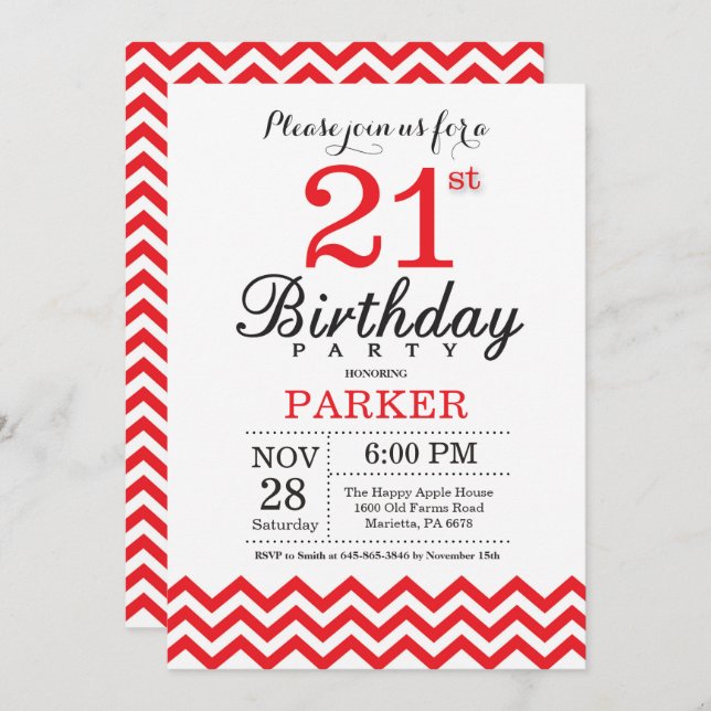 aniversário de 21 anos Convite Red Chevron (Frente/Verso)