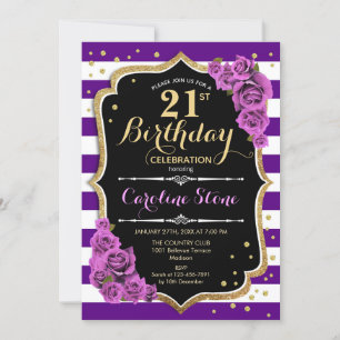 aniversário de 21 anos Convite Roxo Dourado com Ro