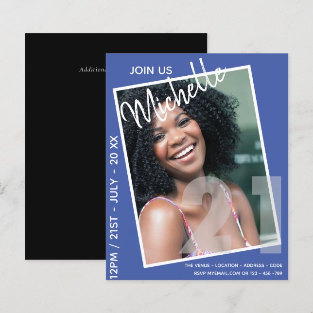 aniversário de 21 anos PHOTO Convite Moderno (Frente/Verso)