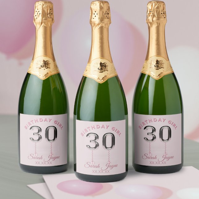 aniversário de 30 anos Blush Pink Silver 30 Balão (Happy 30th Birthday Girl! Just add your name and special date to this pink and silver labels)
