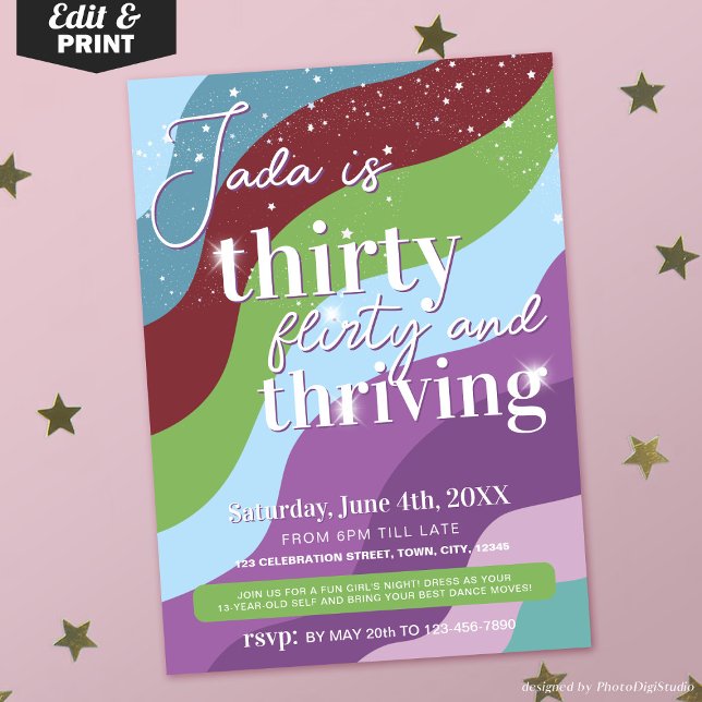 aniversário de 30 anos Convite 30 Flirty e emocion (30th Birthday Invitation Thirty Flirty & Thriving Party Invite)