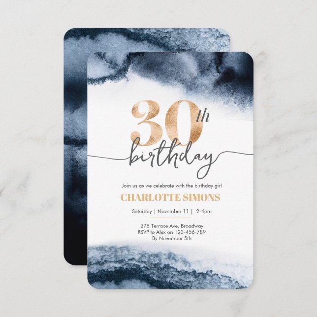 aniversário de 30 anos convite Marinho aquarela e  (Frente/Verso)