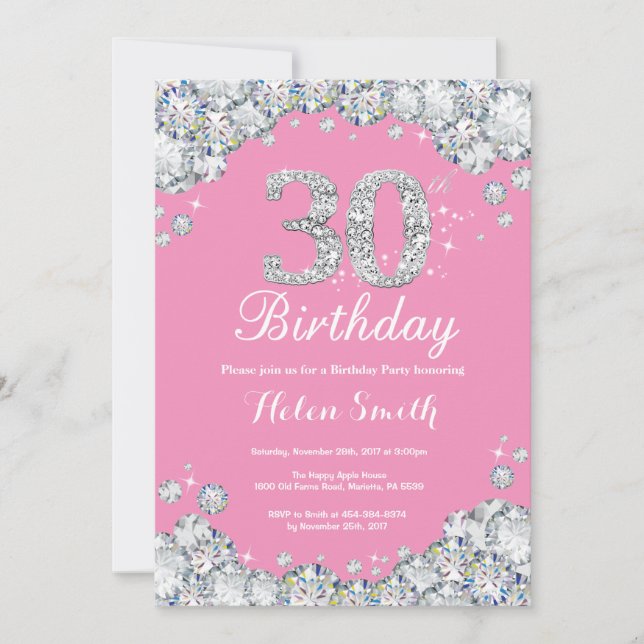 aniversário de 30 anos de Convite Rosa e Silver Di (Frente)