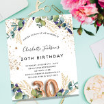 Aniversário de 30 anos de orçamento eucalipto verd<br><div class="desc">Para uma festa de aniversário de 30 anos. Um fundo branco decorado com verde de eucalipto e folhas de ouro. Pontos de brilho falsos do ouro. Personalize e adicione seus nomes e detalhes do casamento. Letras pretas e ouros coloridas. O número 30 é escrito com a fonte do estilo do...</div>