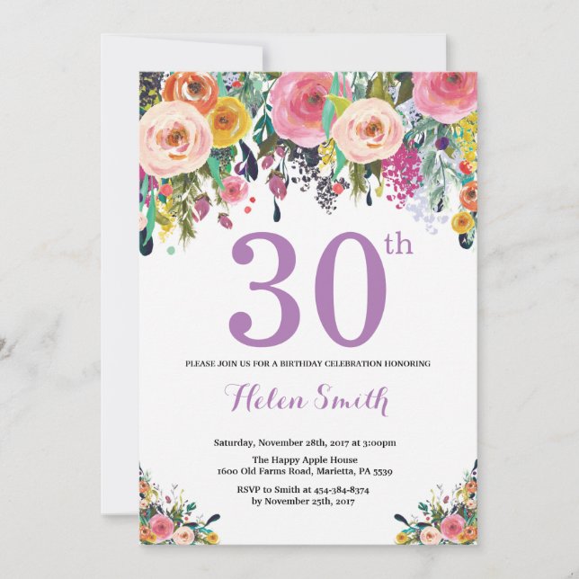 Aniversário de 30 anos Floral - Roxo de Convite (Frente)