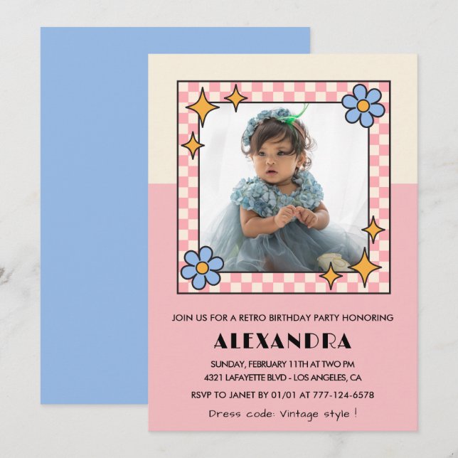 aniversário de 3 anos de convite Flores Retro-Groo (Frente/Verso)