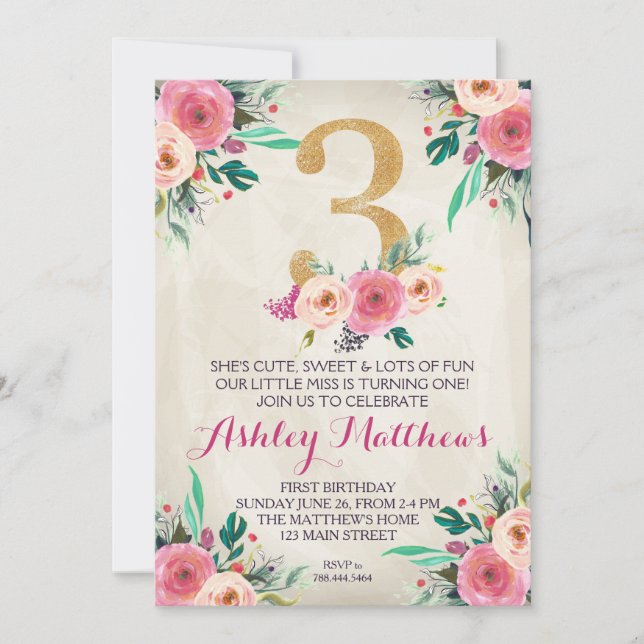aniversário de 3 anos Terceiro Belo Convite Floral (Frente)