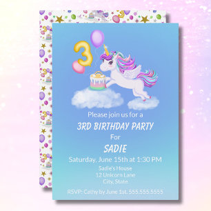 aniversário de 3 anos Unicorn Com Convite De Bolo