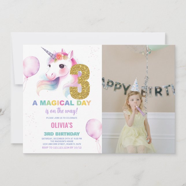 aniversário de 3 anos Unicorn - Foto de convites d (Frente)