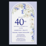 Aniversário de 40 anos Azul Branco Orçamento Convi<br><div class="desc">O modelo Elegante aniversário de 40 anos apresenta um arco floral Boho feito de margaridas brancas e flores silvestres azuis. Este elemento faz parte da Coleção Floral de Azul e Branco da Arca de Boho.</div>