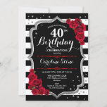 aniversário de 40 anos Convite para Rosas de faixa<br><div class="desc">aniversário de 40 anos convite de festas para mulheres. Elegante design vermelho preto branco com falso brilho prata. Convidar cartão com faixas pretas e brancas,  fontes de script e rosas vermelhas. Perfeito para uma celebração de na moda marco de um dia. Pode ser personalizado em qualquer idade.</div>