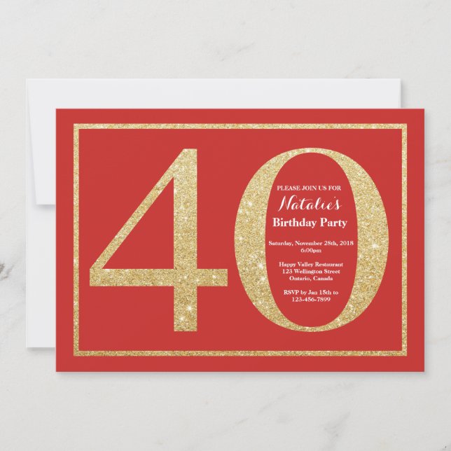 aniversário de 40 anos Convite Red e Dourado Glitt (Frente)