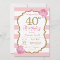 aniversário de 40 anos - Convite Rosa e Dourado Fl