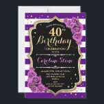 aniversário de 40 anos Convite Roxo Dourado com Ro<br><div class="desc">Convite para aniversário de 40 anos. Design de ouro roxo elegante com brilho falso. Convites de aniversário femininos. Convidados de aniversário para adultos. Possui faixas roxas,  fonte de script do rosa e confetti. Design floral feminino. Pode ser personalizado para mostrar qualquer idade.</div>