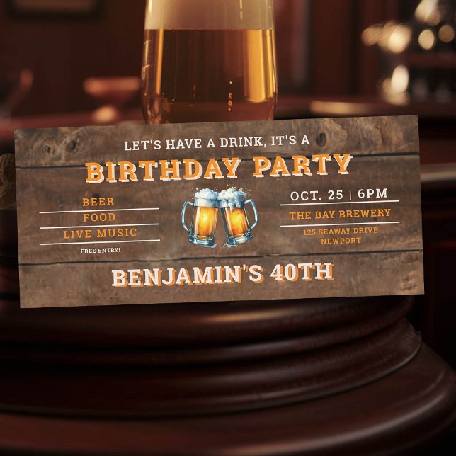 Aniversário de 40 anos de Beer Themed Brewery Rust (men's 40th birthday party invitation beer themed brewery backyard oktoberfest wood)