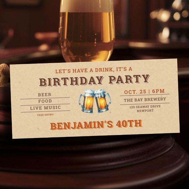 Aniversário de 40 anos de Bilhete de Cerveja (men's 40th birthday party invitation beer themed brewery backyard oktoberfest)