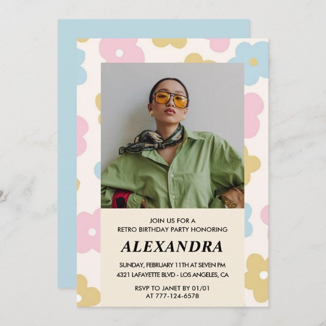 aniversário de 40 anos de convite Flores Retro em  (Frente/Verso)