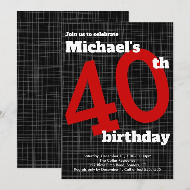 aniversário de 40 anos de Convite Preto com Destaq (Frente/Verso)