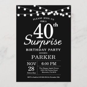 Aniversário de 40 anos de Convite Surpresa Preto e