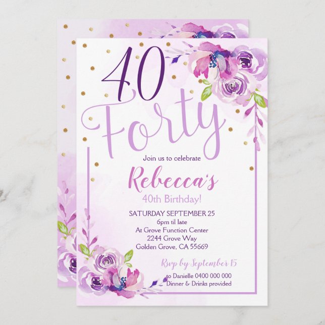 aniversário de 40 anos de Roxo Convite 40 (Frente/Verso)