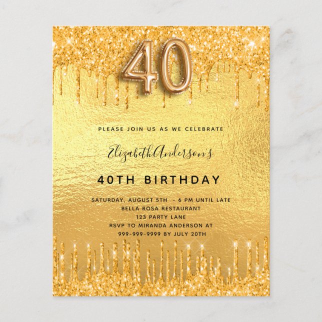 aniversário de 40 anos dourado glitter goteja conv (Frente)