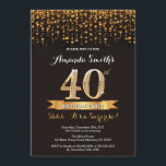 Aniversário de 40 anos Surpresa de Convite Preto e<br><div class="desc">Convite para aniversário de 40 anos surpresa. Glitter preto e Dourado. Convite para Festas de aniversário de adultos. Mulheres ou Homens Bday Bash. Para mais personalização,  clique no botão "Personalizar" e use nossa ferramenta de design para modificar este modelo.</div>