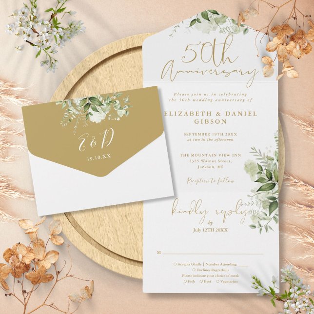 Aniversário de 50 anos de Casamento Dourado Script (50th Wedding Anniversary Gold Script Floral All In One Invitation)
