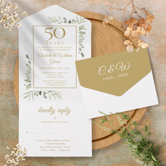 Aniversário de 50 anos de Casamento Folhagem Monog (50th Wedding Anniversary Greenery Gold Monogram All In One Invitation)