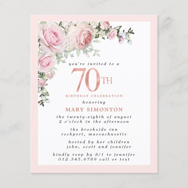 Aniversário de 70 Floral Rosa-Rosa de Orçamento (Frente)