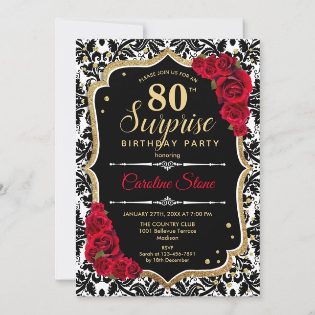 Aniversário de 80 Surpresa - Convite vermelho Dour (Frente)